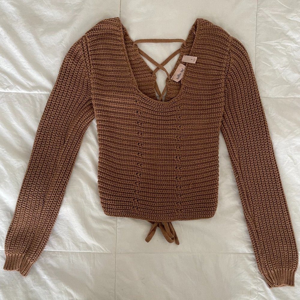 Buckle brown Knit Sweater with criss cross tie back. Only worn once!